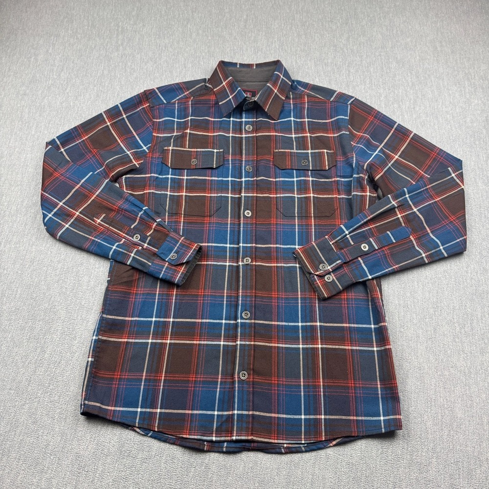 Swiss Tech Shirt Men Small Blue Plaid Flannel Pockets Stretch Casual Outdoor